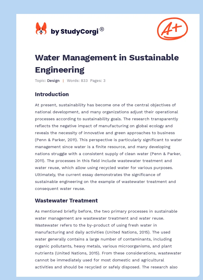 Water Management in Sustainable Engineering. Page 1