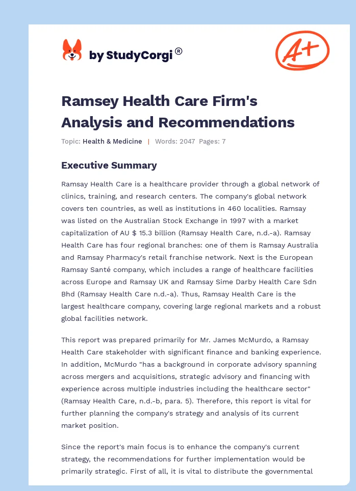 Ramsey Health Care Firm's Analysis and Recommendations. Page 1
