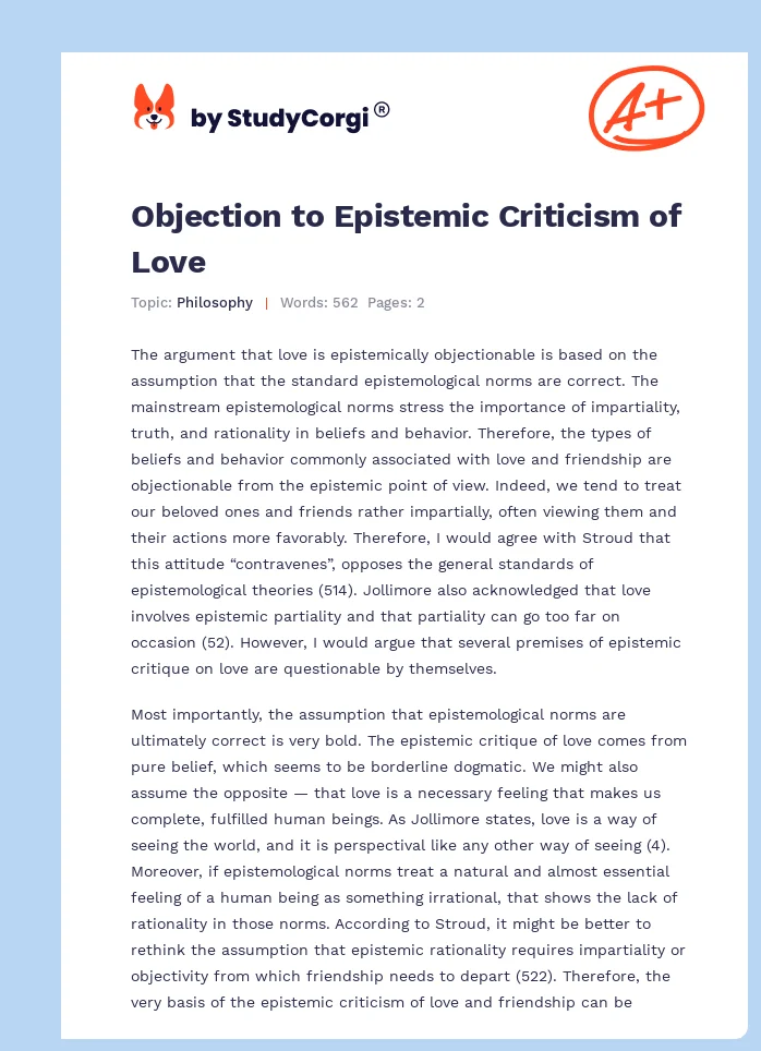 Objection to Epistemic Criticism of Love. Page 1