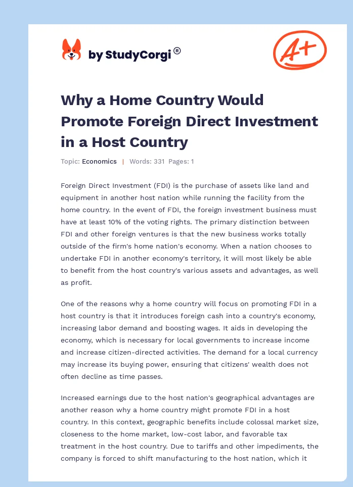 Why a Home Country Would Promote Foreign Direct Investment in a Host Country. Page 1