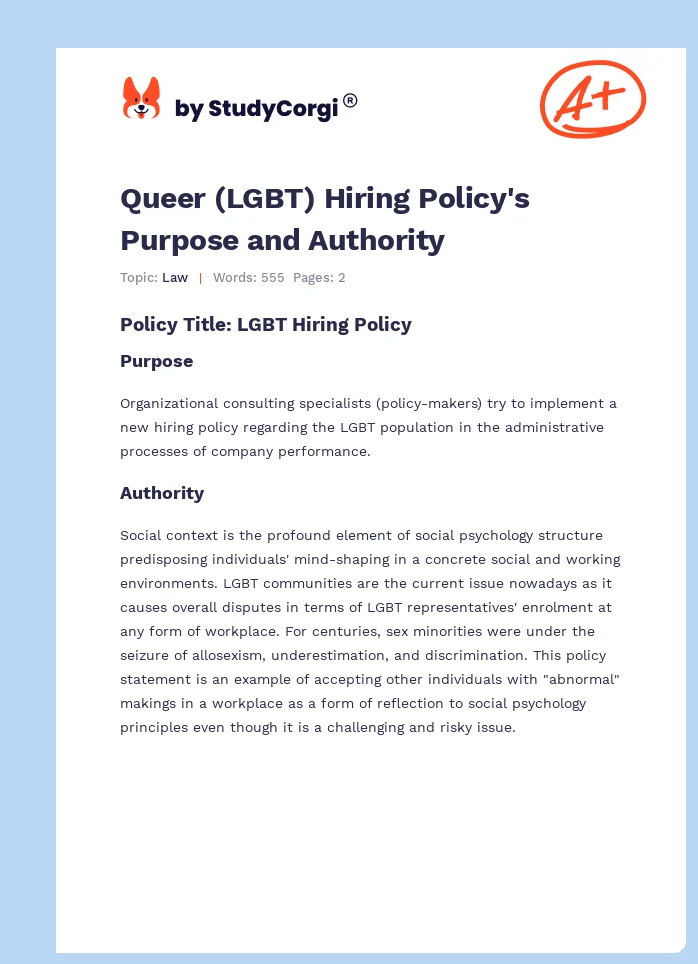Queer (LGBT) Hiring Policy's Purpose and Authority. Page 1