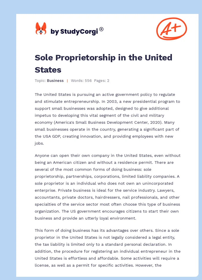 Sole Proprietorship in the United States. Page 1