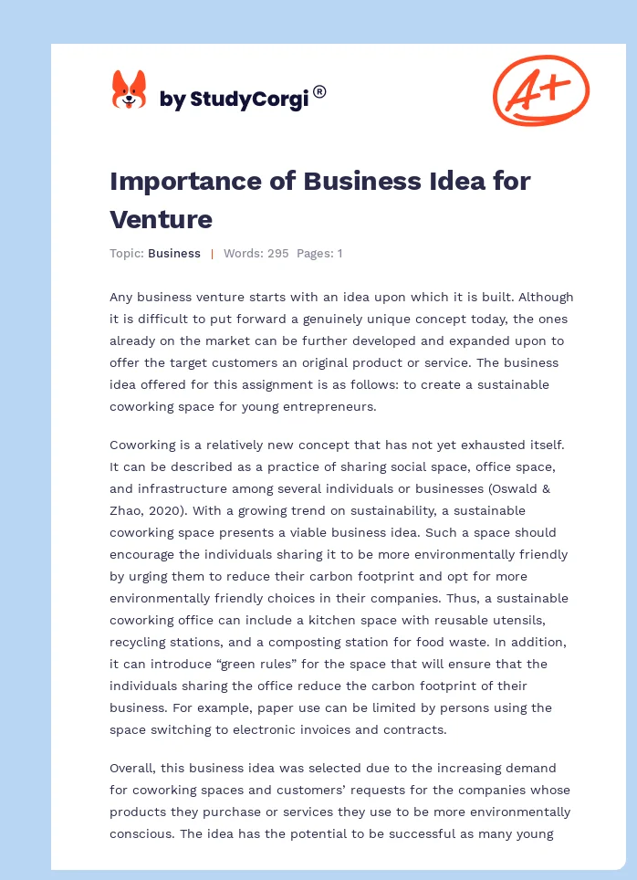 Importance of Business Idea for Venture. Page 1