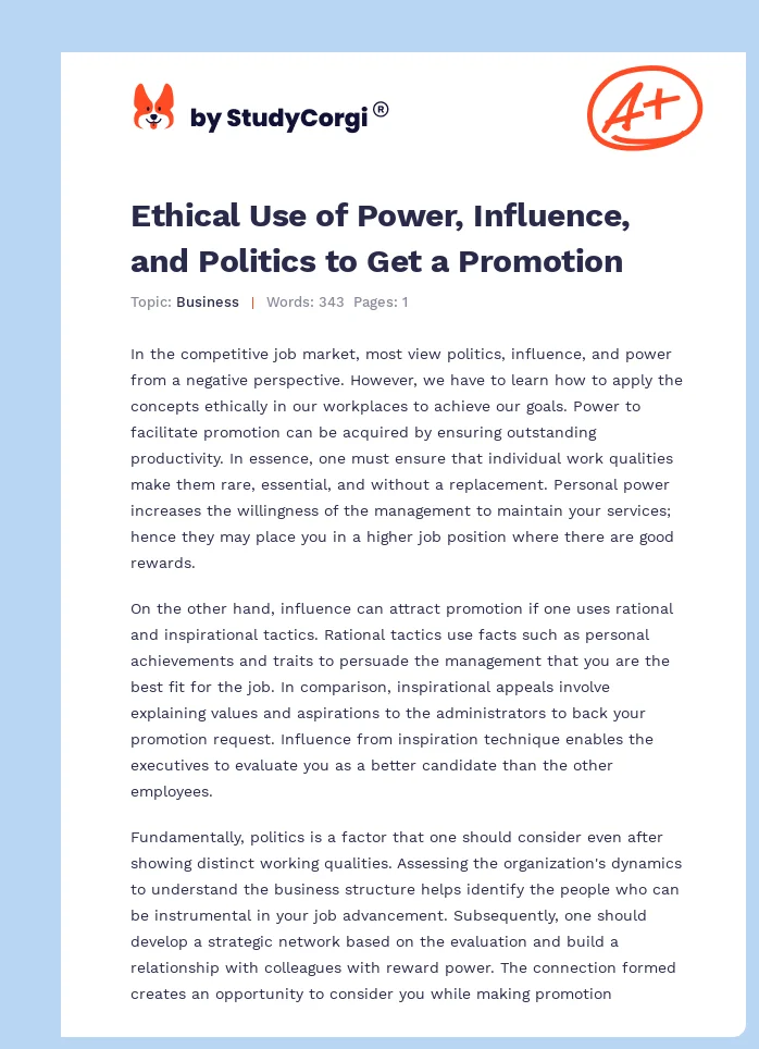Ethical Use of Power, Influence, and Politics to Get a Promotion. Page 1