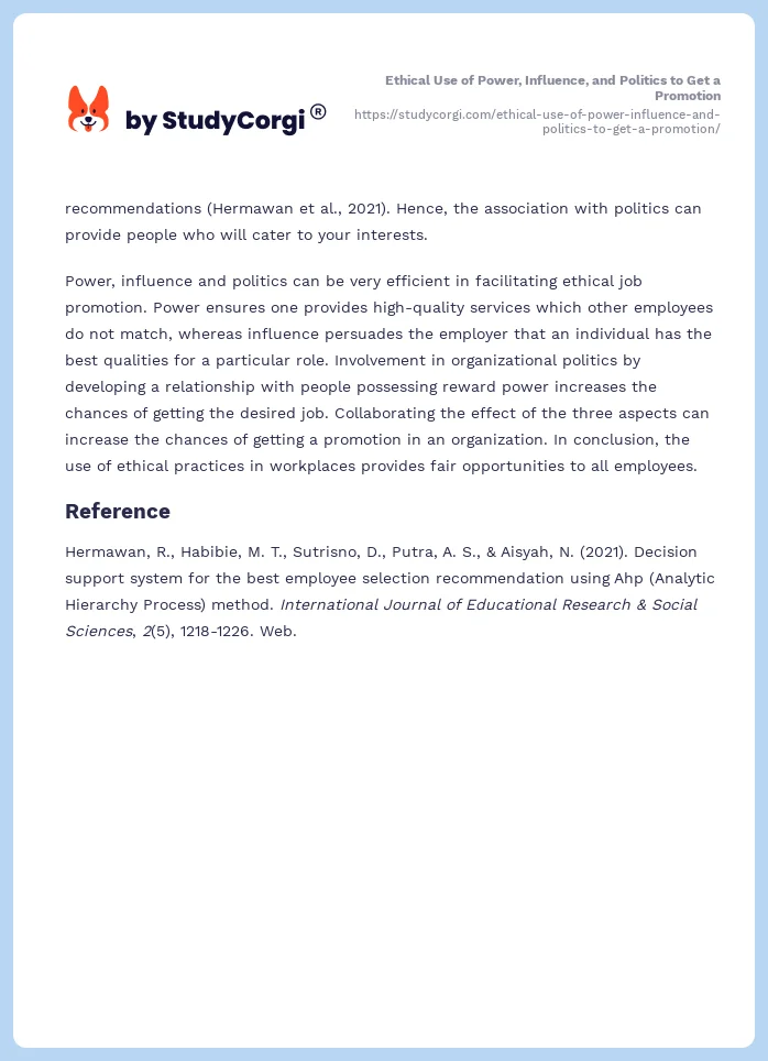 Ethical Use of Power, Influence, and Politics to Get a Promotion. Page 2