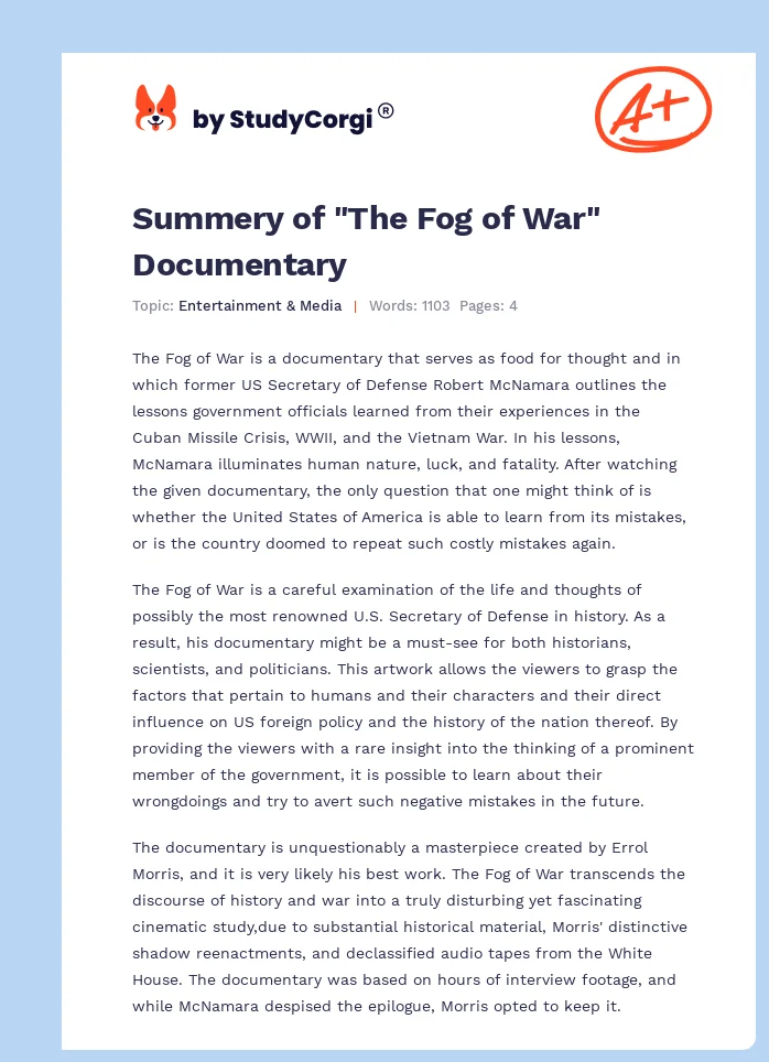 Summery of "The Fog of War" Documentary. Page 1