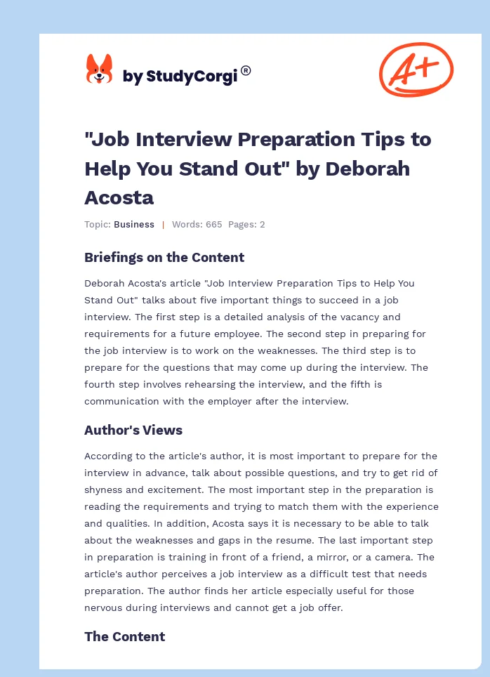 "Job Interview Preparation Tips to Help You Stand Out" by Deborah Acosta. Page 1