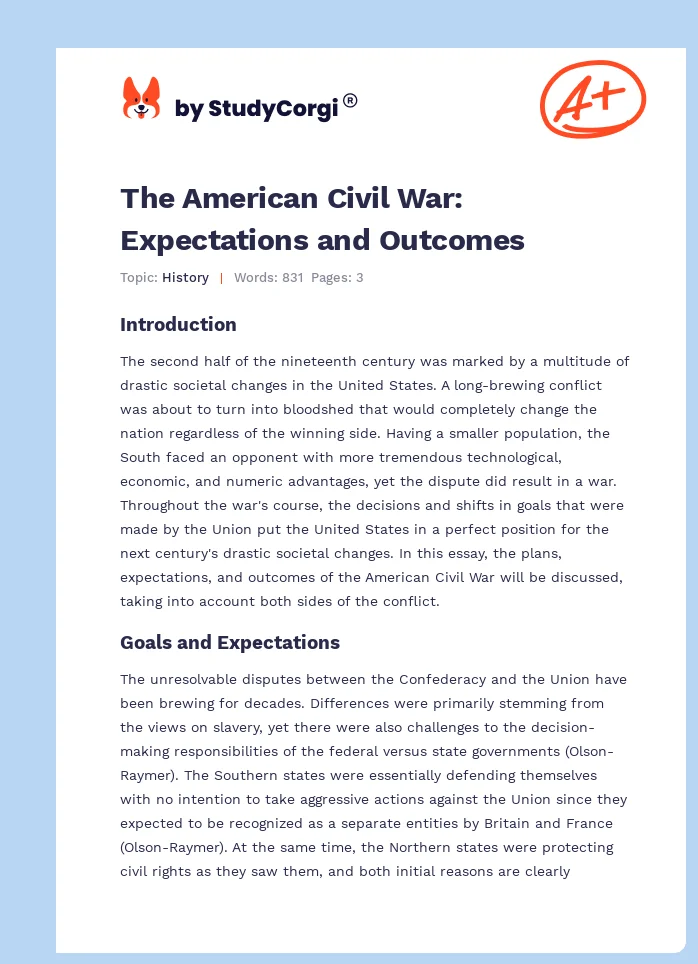 The American Civil War: Expectations and Outcomes. Page 1
