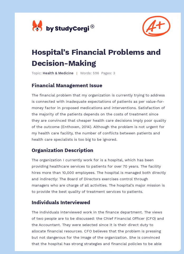 Hospital’s Financial Problems and Decision-Making. Page 1