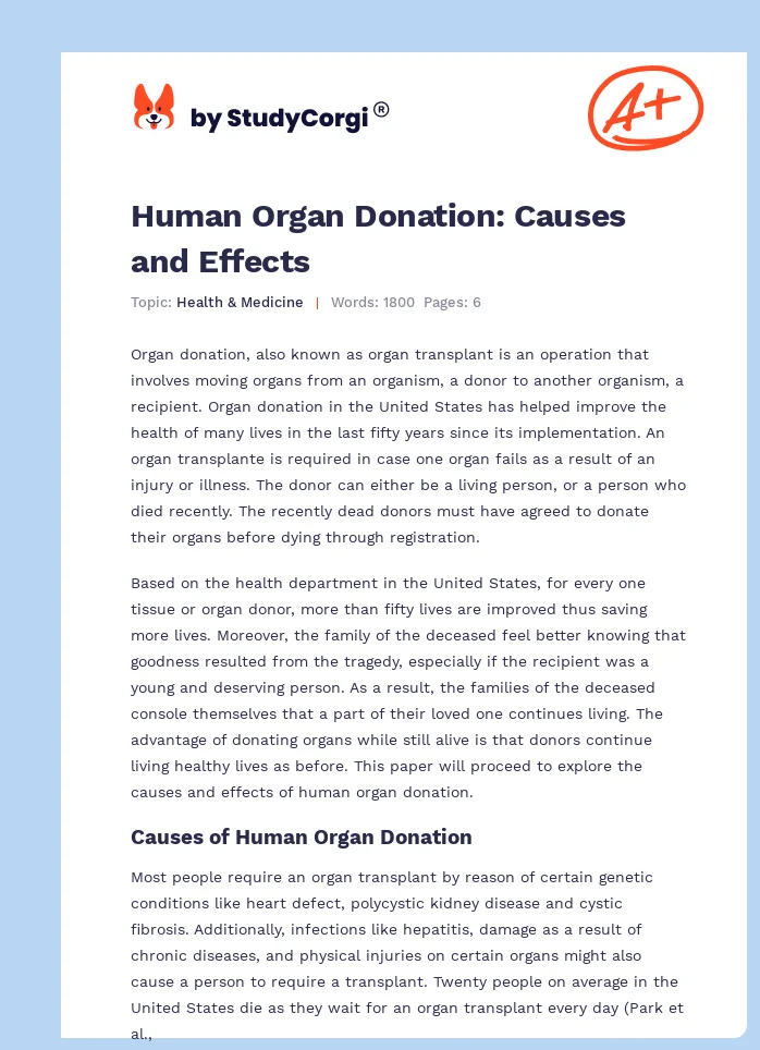 Human Organ Donation: Causes and Effects. Page 1