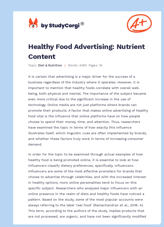 Healthy Food Advertising: Nutrient Content. Page 1