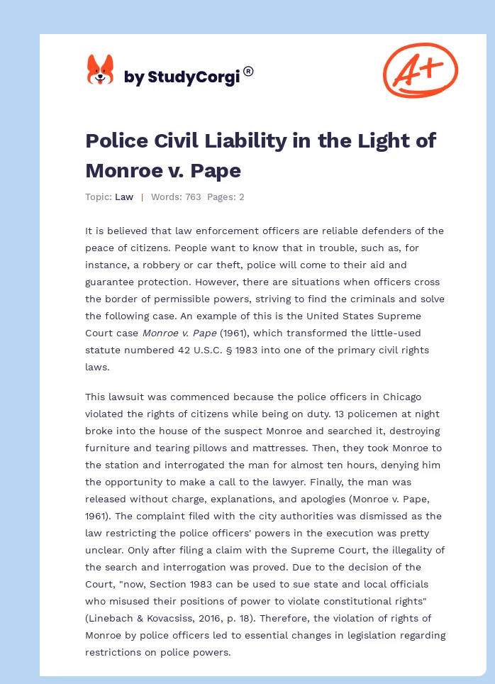 Police Civil Liability in the Light of Monroe v. Pape. Page 1