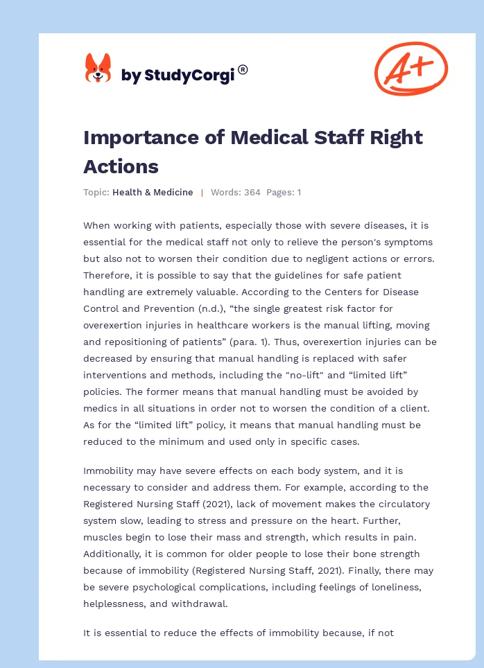 Importance of Medical Staff Right Actions. Page 1