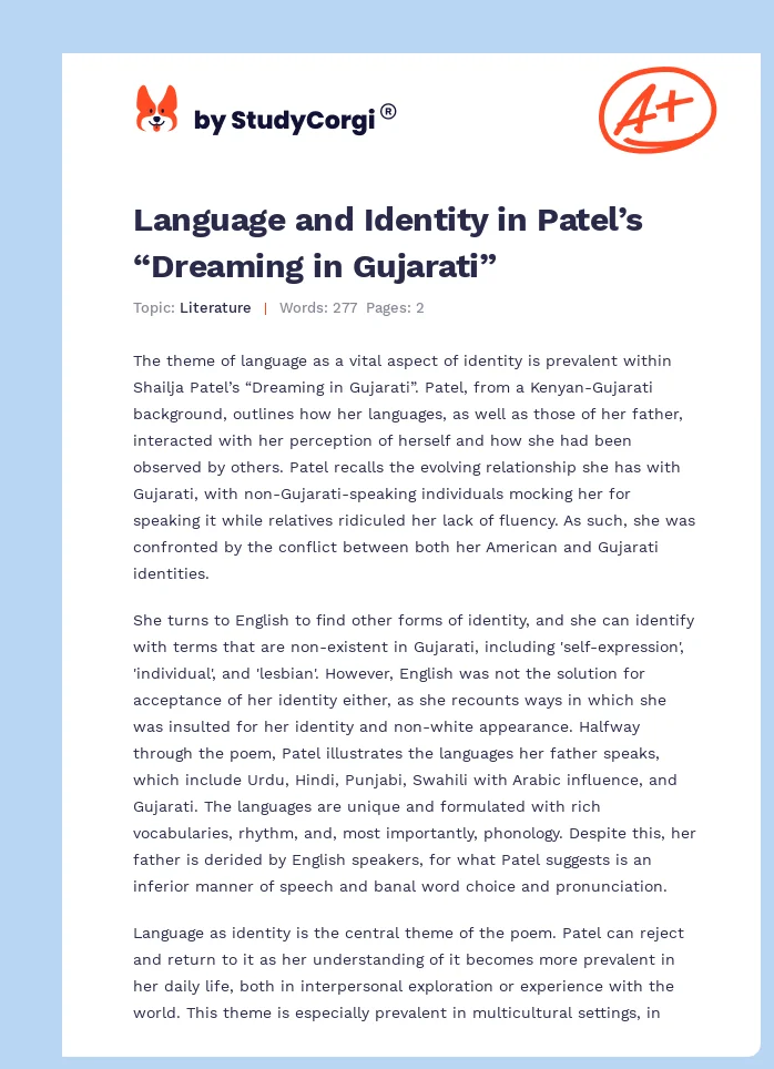 Language and Identity in Patel’s “Dreaming in Gujarati”. Page 1