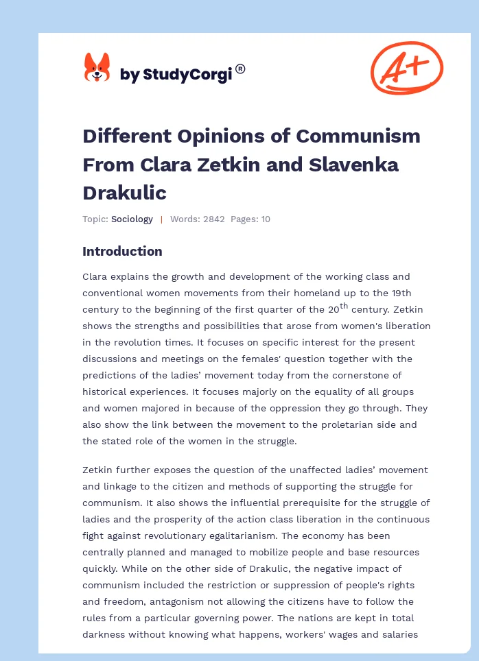Different Opinions of Communism From Clara Zetkin and Slavenka Drakulic. Page 1