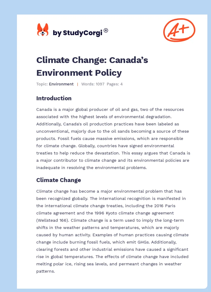 Climate Change: Canada’s Environment Policy. Page 1