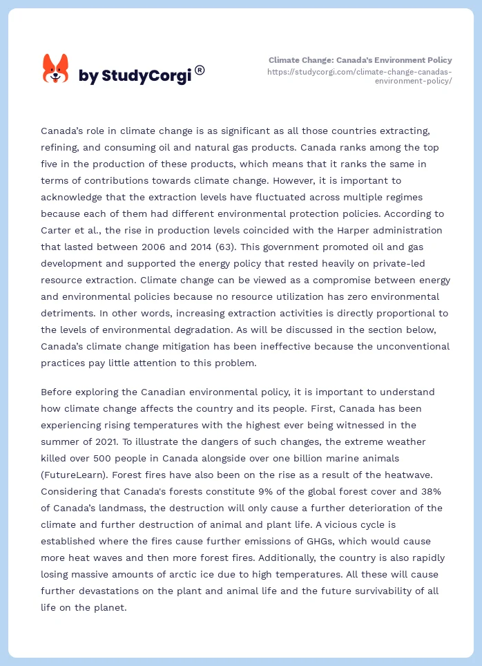 Climate Change: Canada’s Environment Policy. Page 2