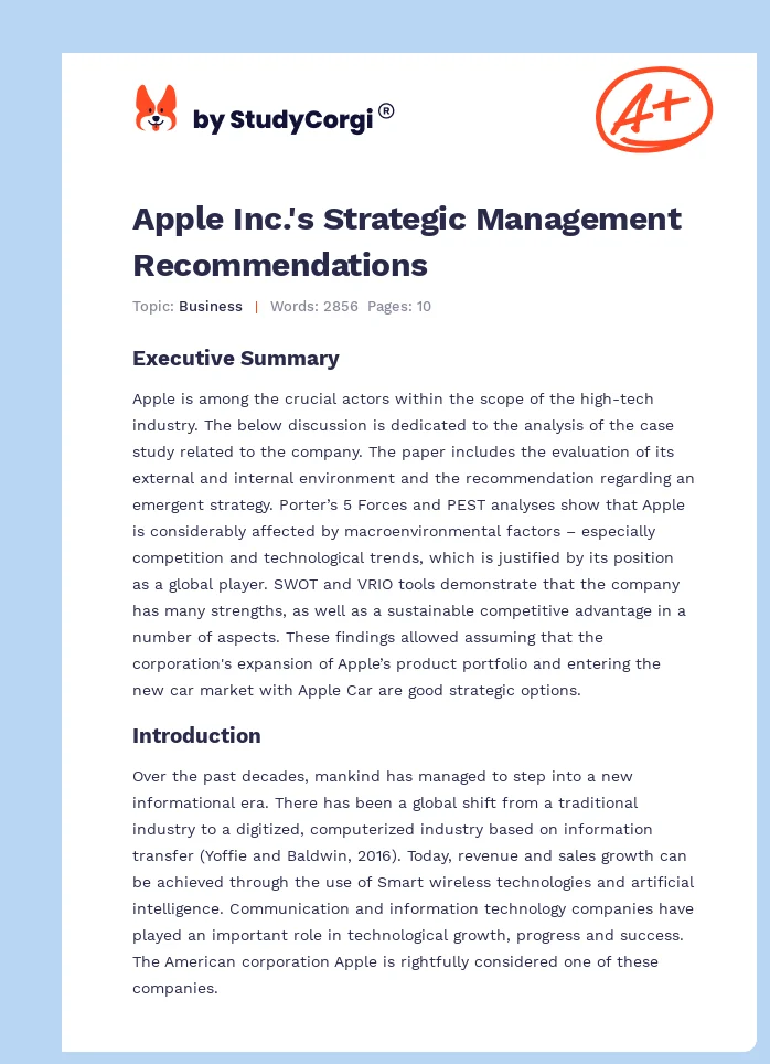 Apple Inc.'s Strategic Management Recommendations. Page 1