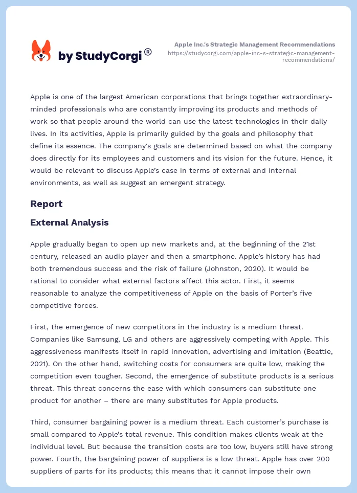 Apple Inc.'s Strategic Management Recommendations. Page 2