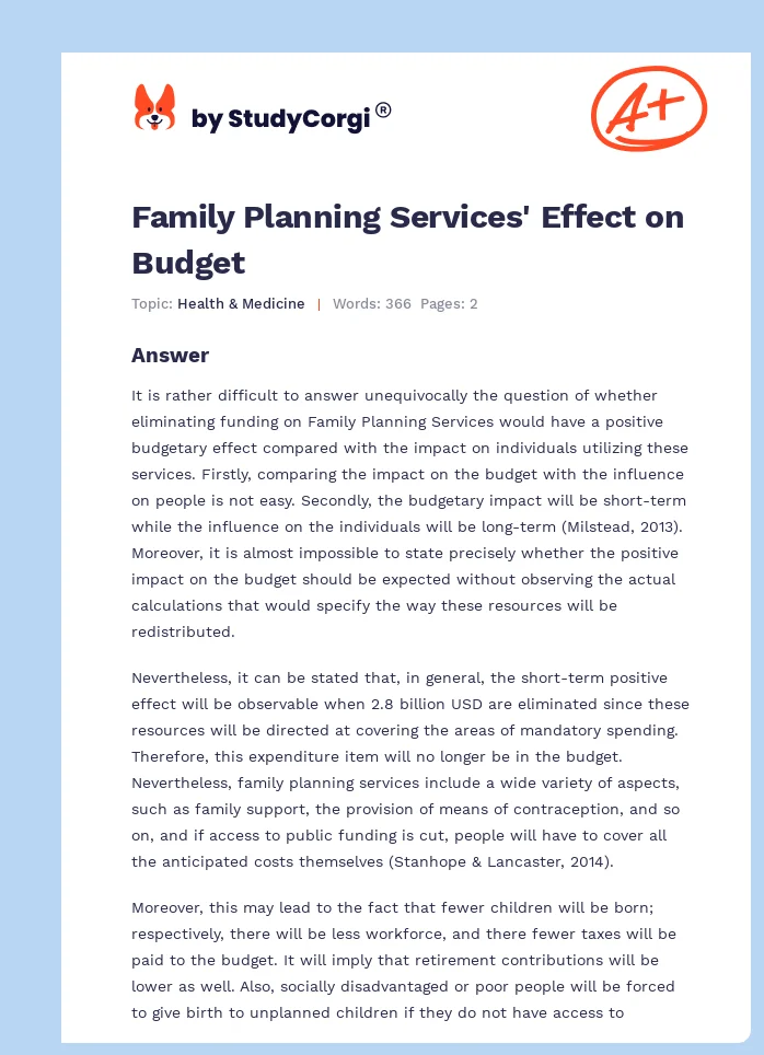 Family Planning Services' Effect on Budget. Page 1