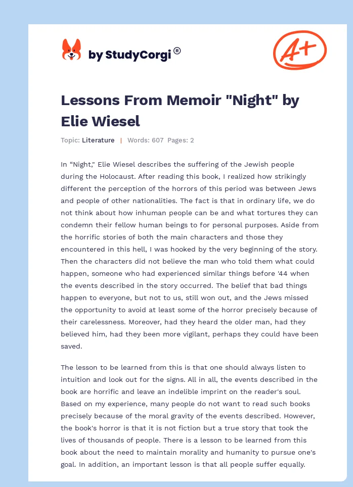 Lessons From Memoir "Night" by Elie Wiesel. Page 1