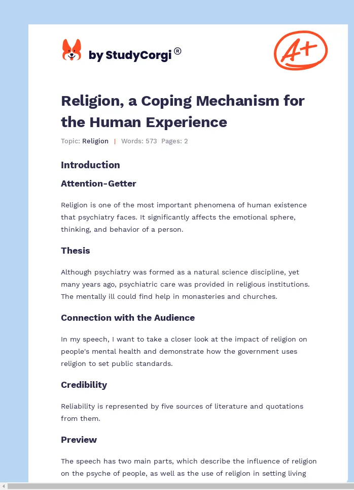 Religion, a Coping Mechanism for the Human Experience. Page 1