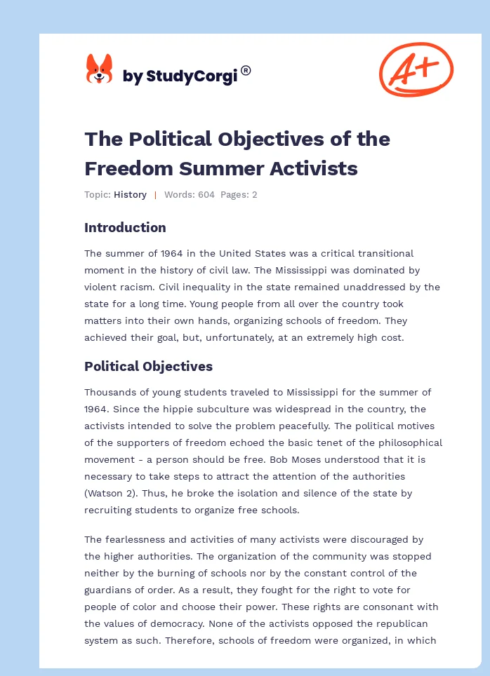 The Political Objectives of the Freedom Summer Activists. Page 1