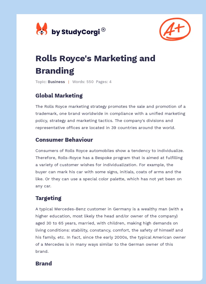 Rolls Royce's Marketing and Branding. Page 1