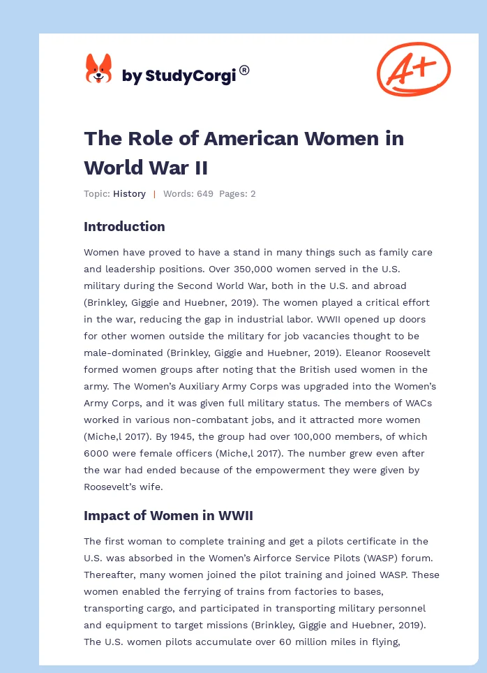 The Role of American Women in World War II. Page 1