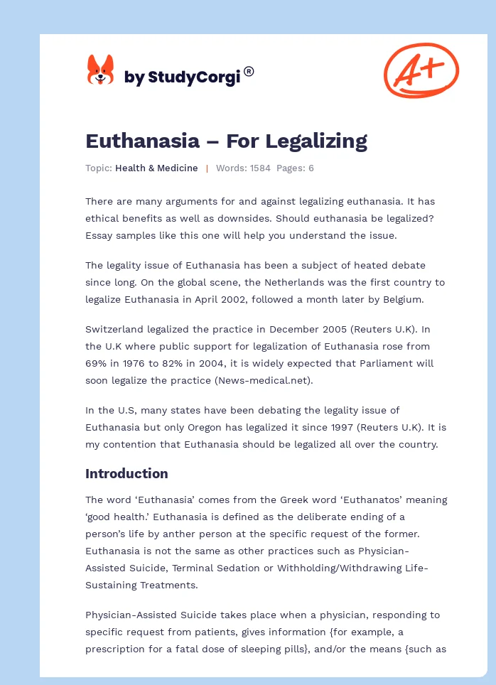 Euthanasia – For Legalizing. Page 1