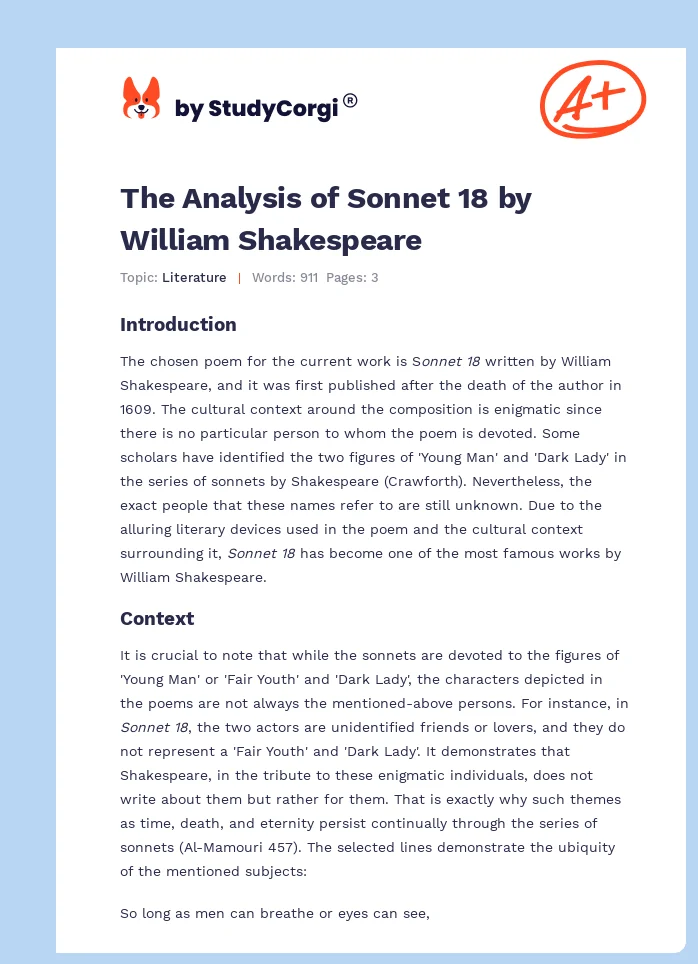 The Analysis of Sonnet 18 by William Shakespeare. Page 1