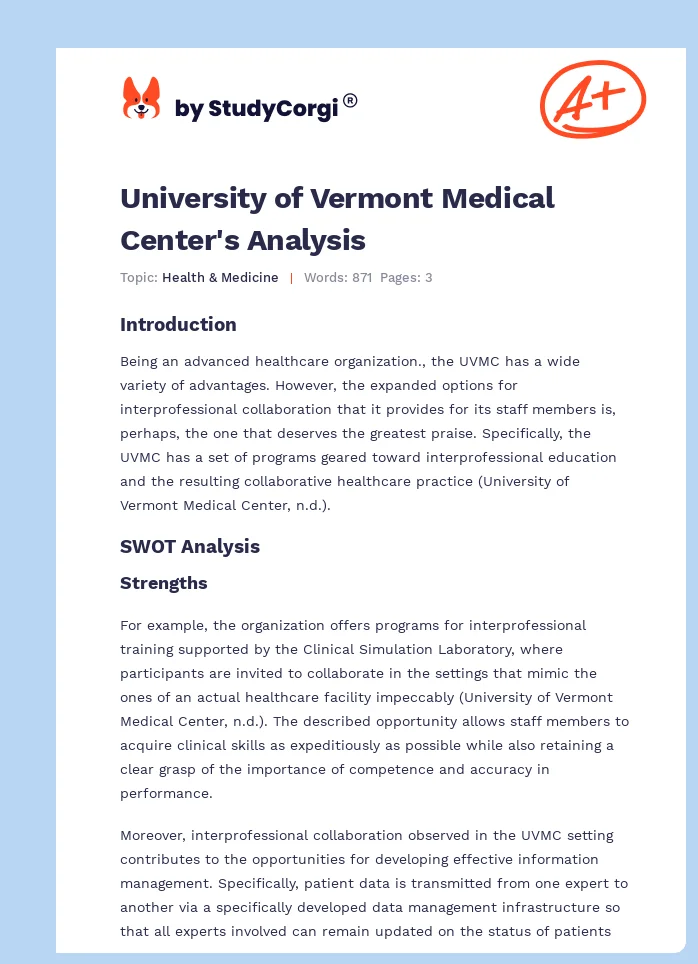 University of Vermont Medical Center's Analysis. Page 1
