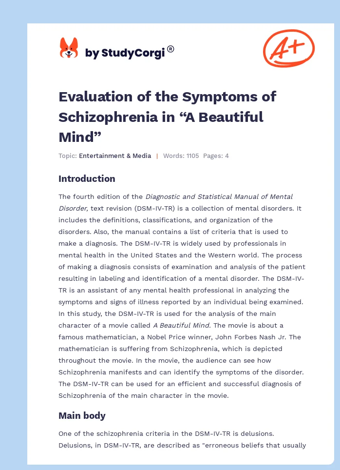 Evaluation of the Symptoms of Schizophrenia in “A Beautiful Mind”. Page 1