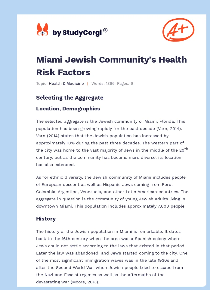 Miami Jewish Community's Health Risk Factors. Page 1