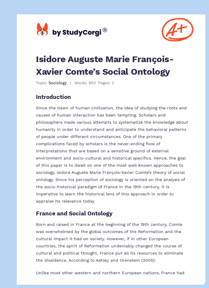 Isidore Auguste Marie François-Xavier Comte’s Social Ontology. Page 1