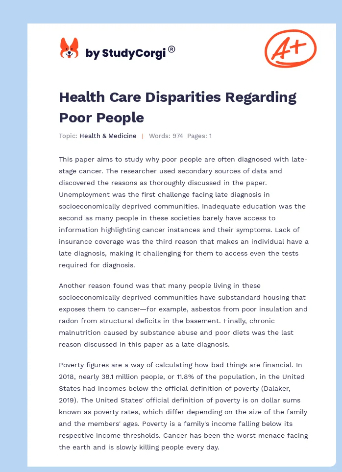 Health Care Disparities Regarding Poor People. Page 1