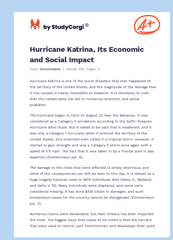 Hurricane Katrina, Its Economic and Social Impact. Page 1