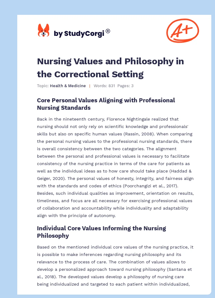 Nursing Values and Philosophy in the Correctional Setting. Page 1