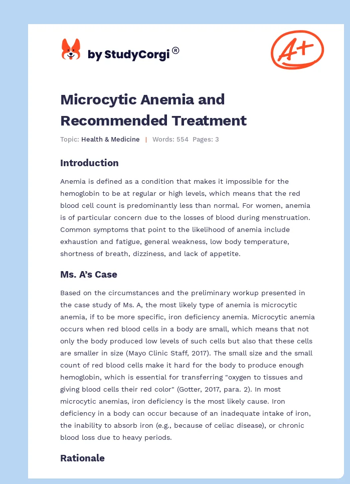 Microcytic Anemia and Recommended Treatment. Page 1