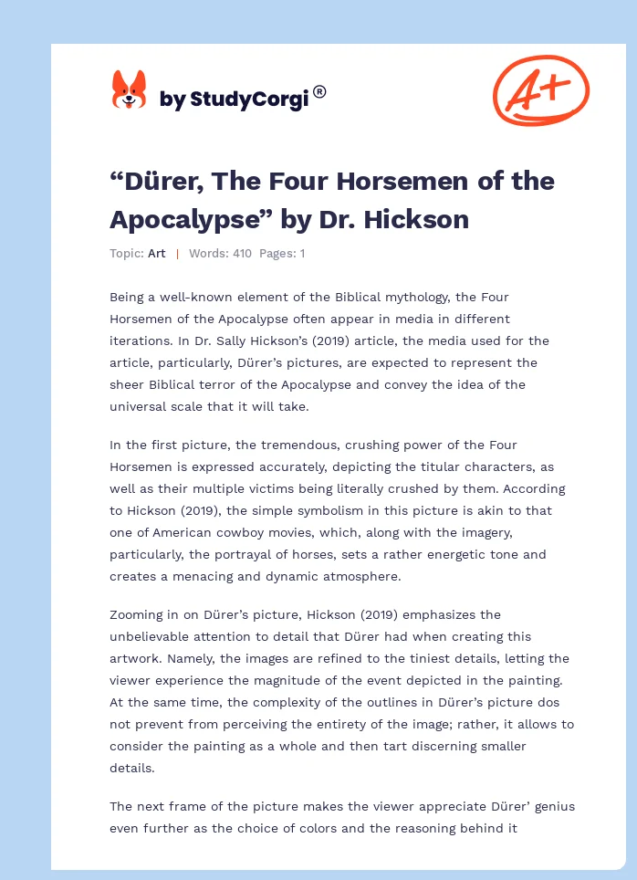 “Dürer, The Four Horsemen of the Apocalypse” by Dr. Hickson. Page 1