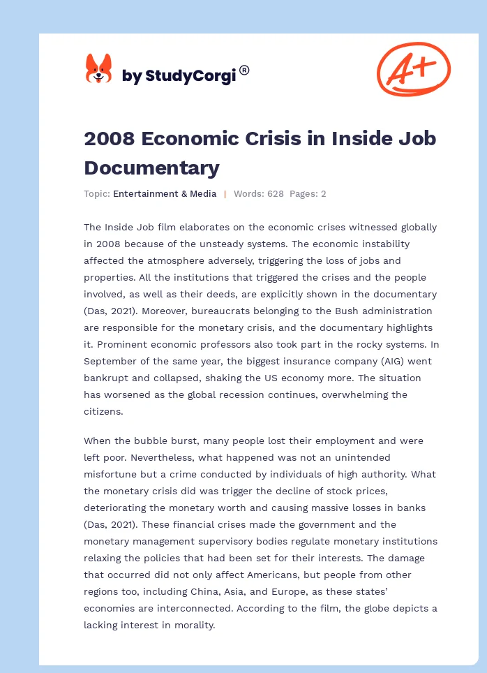 2008 Economic Crisis in Inside Job Documentary. Page 1