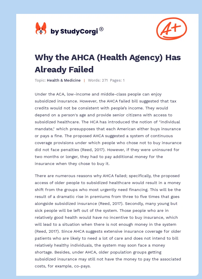Why the AHCA (Health Agency) Has Already Failed. Page 1