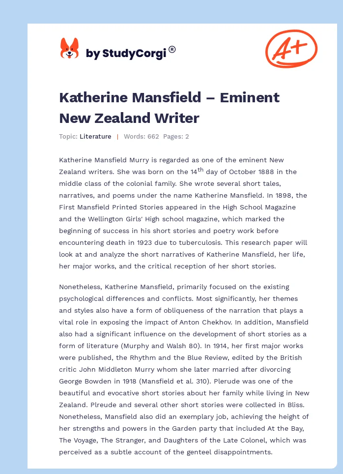 Katherine Mansfield – Eminent New Zealand Writer. Page 1