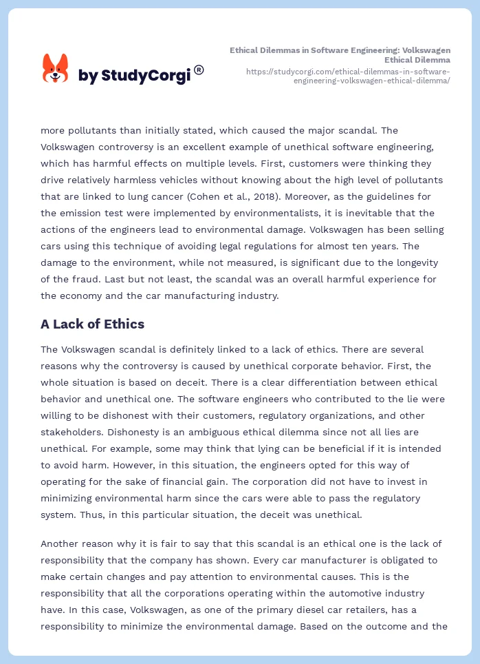 Ethical Dilemmas in Software Engineering: Volkswagen Ethical Dilemma. Page 2
