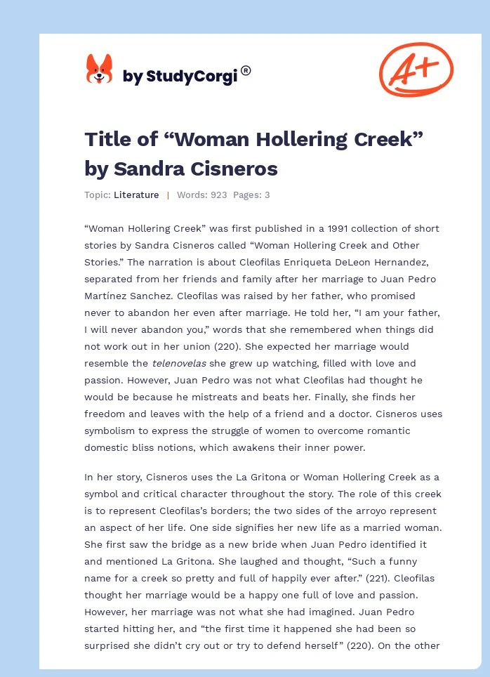 Title of “Woman Hollering Creek” by Sandra Cisneros. Page 1