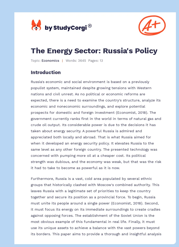 The Energy Sector: Russia's Policy. Page 1