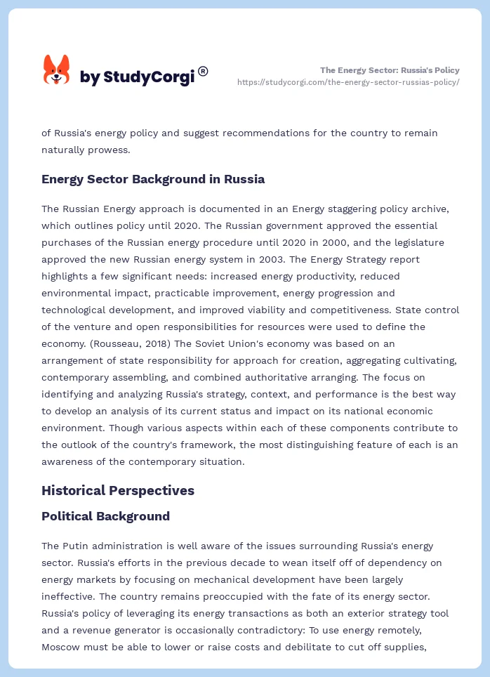 The Energy Sector: Russia's Policy. Page 2
