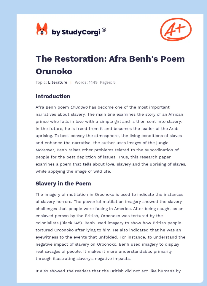The Restoration: Afra Benh's Poem Orunoko. Page 1