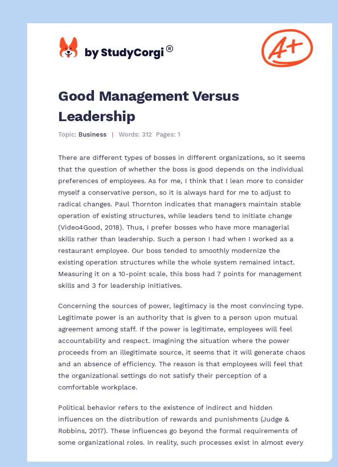Good Management Versus Leadership. Page 1