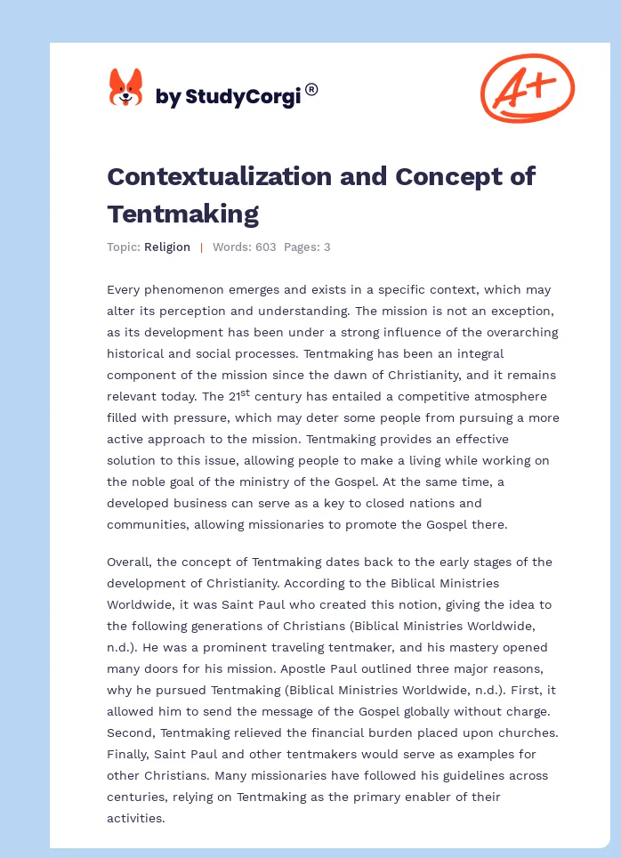 Contextualization and Concept of Tentmaking. Page 1